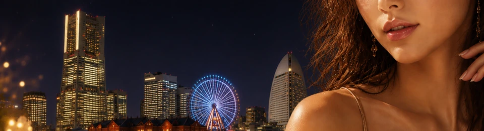 横浜の港の夜景と、目元をフレーム外にした女性